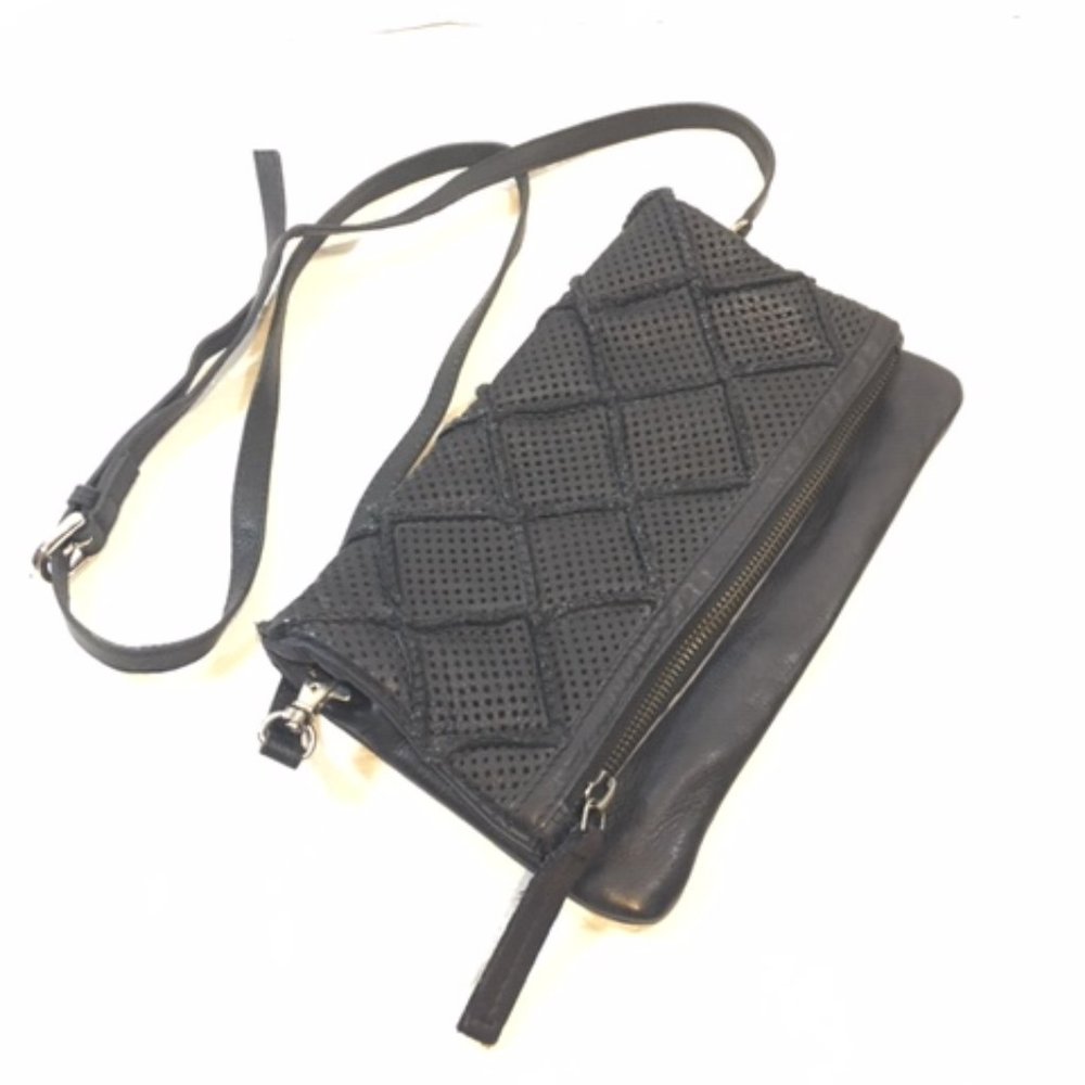 Anthropologie Sierra Black Perforated Leather Foldover Crossbody Clutch Bag